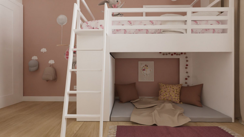 Projekt pokoju dziecięcego z białym łóżkiem z drabinkami