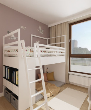 Projekt pokoju dziecięcego z białym łóżkiem piętrowym oraz z meblami