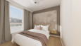 Projekt klasycznej sypialni z tapicerowanym łóżkiem kontynentalnym oraz drewniana szafką nocną