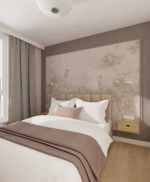 Projekt klasycznej sypialni z tapicerowanym łóżkiem kontynentalnym oraz drewniana szafką nocną