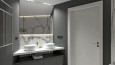 Projekt łazienki z dwoma, okrągłymi zlewami stojącymi na białym blacie oraz z lustrem