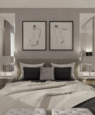 Projekt sypialni w stylu glamour z szafa z lustrzanym frontem