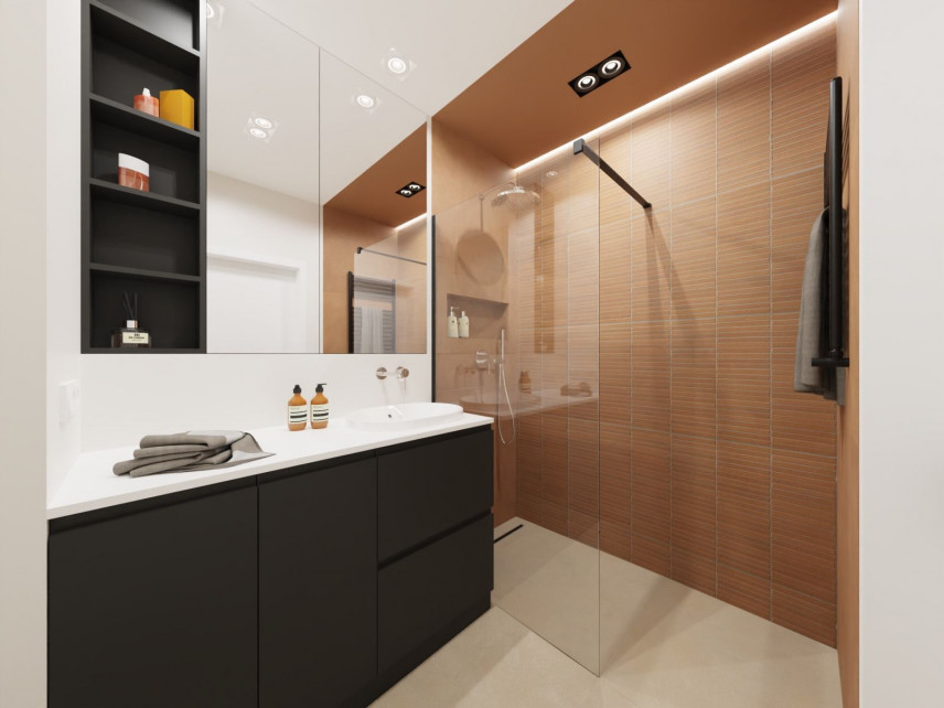 Projekt łazienki z prysznicem i brązowymi płytkami na ścianie