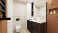 Projekt łazienki z czarną szafką stojąca oraz białą muszlą wiszącą