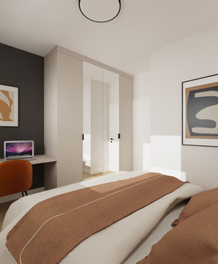 Projekt klasycznej sypialni z blatem montowanym do szarej ściany