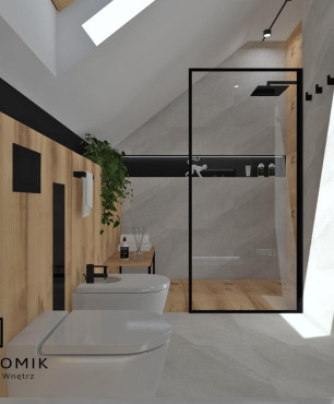 Nowoczesna łazienka z prysznicem, czarnym kaloryferem i białą podłogą