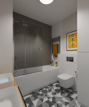 Projekt łazienki z biało-szarymi płytkami na podłodze z wanną oraz z muszlą wiszącą