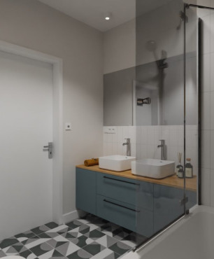 Projekt małej łazienki z wanną w zabudowie z funkcją prysznica oraz z dwoma zlewami nablatowymi