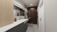 Projekt łazienki z szarą szafką stojącą oraz z białym blatem i dużym prostokątnym lustrem