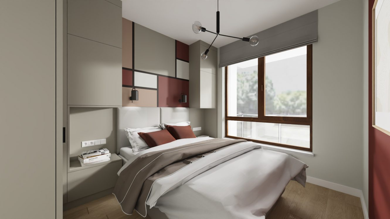 Projekt sypialni z szarymi frontami meblowymi oraz z szarym łóżkiem tapicerowanym