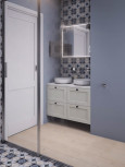 Projekt łazienki w stylu skandynawskim z wzorzystymi płytkami pod prysznicem i na ścianie