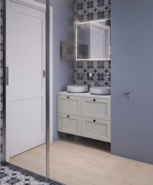 Projekt łazienki w stylu skandynawskim z wzorzystymi płytkami pod prysznicem i na ścianie