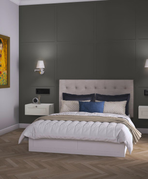 Projekt sypialni z drewnianym parkietem oraz z białym łóżkiem z tapicerowanym zagłówkiem