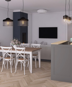Projekt małej kuchni, jadalni i salonu w stylu skandynawskim