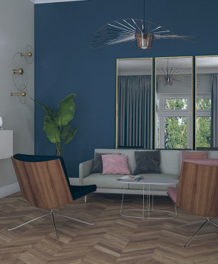 Projekt salonu z białą szafką montowaną do ściany oraz z dwoma fotelami obrotowymi i szarą sofą