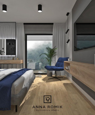 Nowoczesna sypialnia z drewnianą toaletką, wiszącą półką i fotelem obrotowym