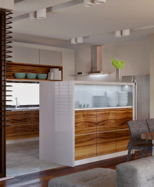 Kuchnia otwarta z biało-drewnianymi frontami meblowymi oraz z oknem