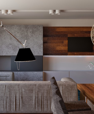 Salon ze ścianką z betonem ozdobnym oraz imitacją drewna