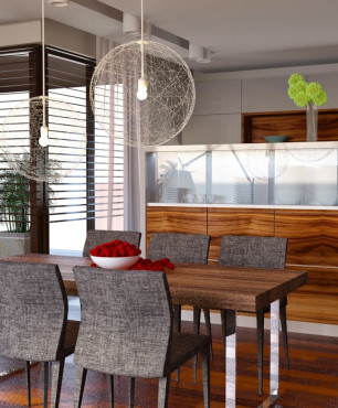 Jadalnia z kuchnią w stylu nowoczesnym z oknem nad blatem oraz oknem narożnym