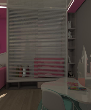Projekt pokoju dziewczęcego z różowym kolorem ścian i białymi meblami