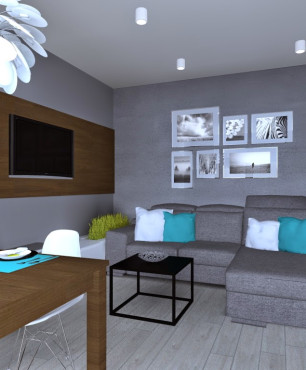 Salon z szarym kolorem ścian oraz z telewizorem na ścianie