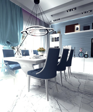Jadalnia z wyjątkowym, białym stołem oraz z tapicerowanymi krzesłami