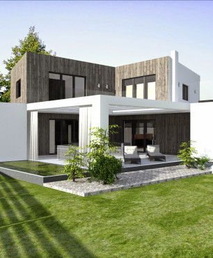 Projekt domu z biało-szarą elewacją z ogrodem