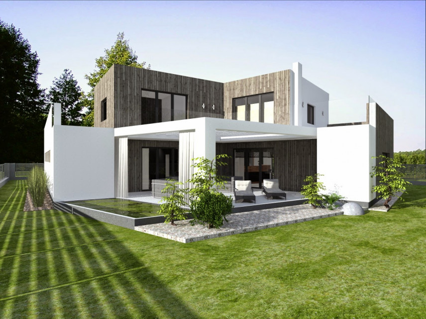 Projekt domu z biało-szarą elewacją z ogrodem