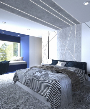 Sypialnia z ozdobnym betonem na ścianie i suficie