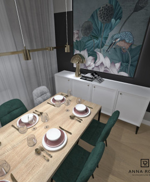 Prostokątna jadalnia z drewnianym stołem, tapicerowanymi krzesłami i dużym obrazem na ścianie