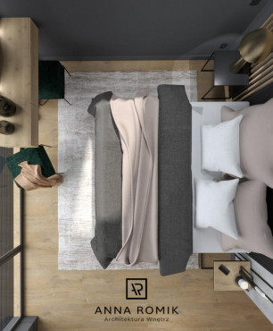 Sypialnia z łóżkiem kontynentalnym, drewniana toaletką, pufem i stolikiem nocnym