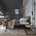 Sypialnia na poddaszu z oknem panoramicznym, podwójnym łóżkiem i drewniana toaletką