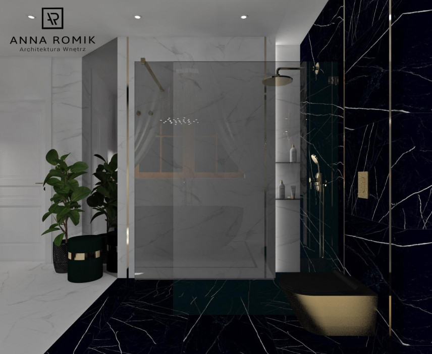 Łazienka z czarnymi marmurowymi płytkami, prysznicem i złotym sedesem