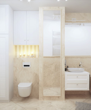 Duża łazienka z białą szafą stojącą oraz z muszlą wiszącą i wanną w zabudowie