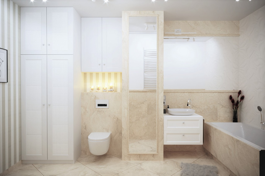 Duża łazienka z białą szafą stojącą oraz z muszlą wiszącą i wanną w zabudowie