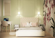 Sypialni z beżowym łóżkiem, tapicerowanym kontynentalnym oraz z białym biurkiem