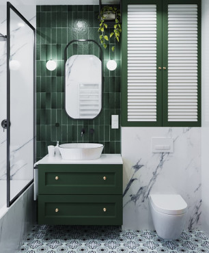Łazienka z zieloną szafką wisząca oraz z zielonymi płytami i płytkami gresowymi