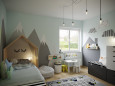 Pokój dziecięcy z drewnianym łóżkiem domek z zamontowaną lampką nocną w środku drewnianej konstrukcji