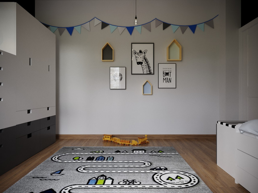 Pokój dziecięcy z designerskimi półkami i obrazkami na ścianie