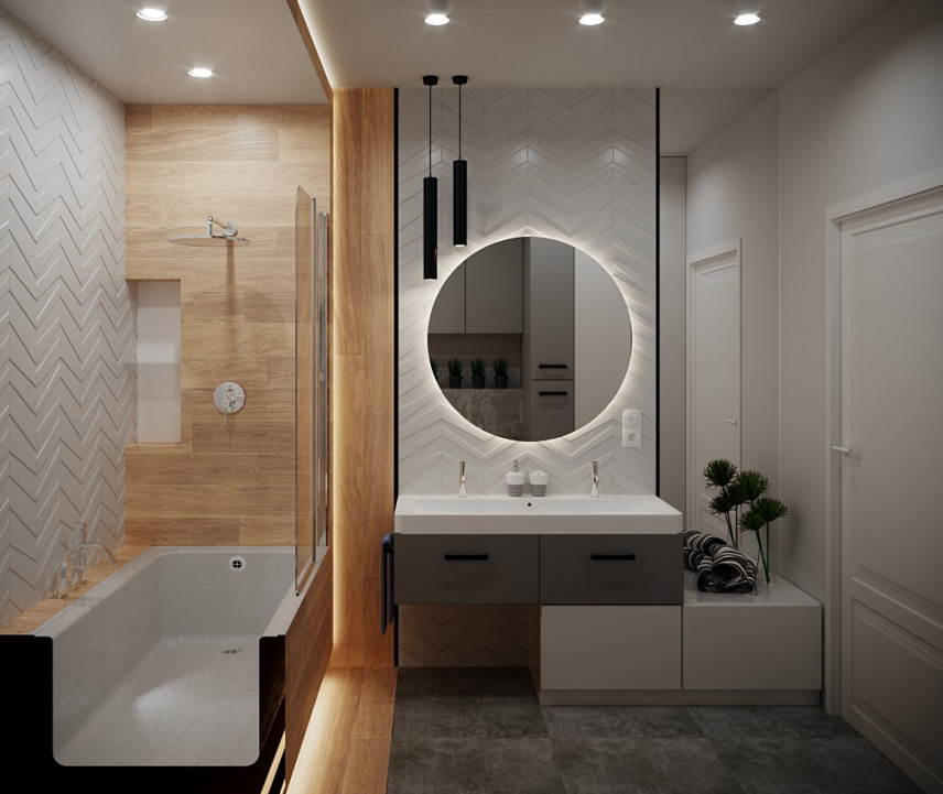 Projekt łazienki z akrylową wanną z funkcją prysznica oraz z białymi płytkami 3d na ścianie