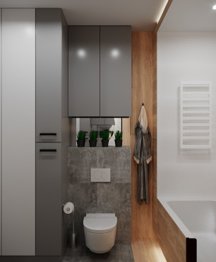 Projekt łazienki z szafką na wymiar z drzwiami wahadłowymi