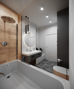 Projekt łazienki z imitacją drewnianych płytek na ścianie oraz ze srebrną armaturą łazienkową