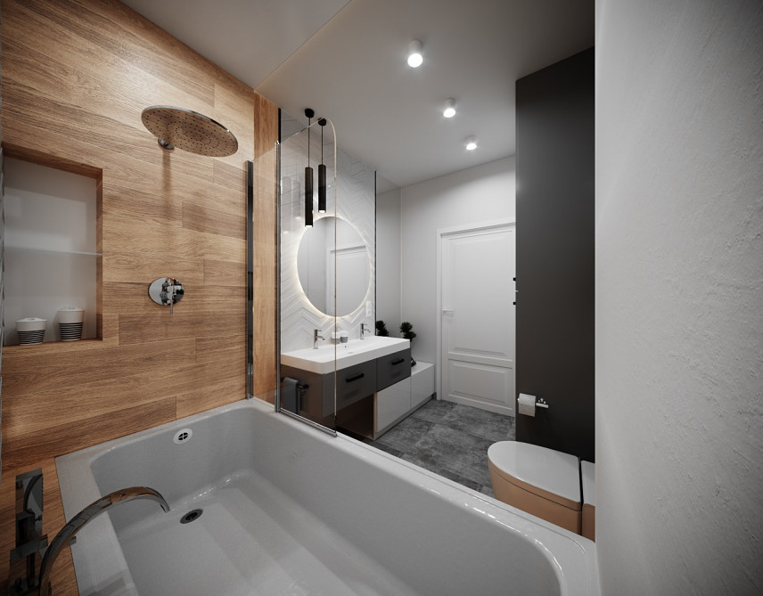 Projekt łazienki z imitacją drewnianych płytek na ścianie oraz ze srebrną armaturą łazienkową