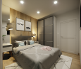 Projekt sypialni z lustrem oraz imitacja drewnianych płytek na ścianie za łóżkiem kontynentalnym