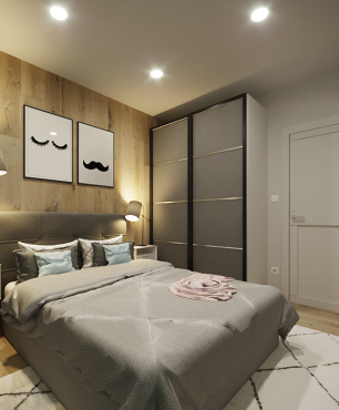 Projekt sypialni z lustrem oraz imitacja drewnianych płytek na ścianie za łóżkiem kontynentalnym