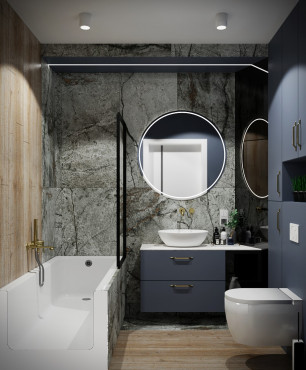 Nowoczesna łazienka z imitacją betonowych płytek na ścianie oraz z wanną w zabudowie