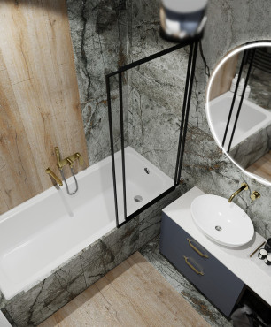 Mała, nowoczesna łazienka z wanną z funkcją prysznica oraz ze złotą armaturą