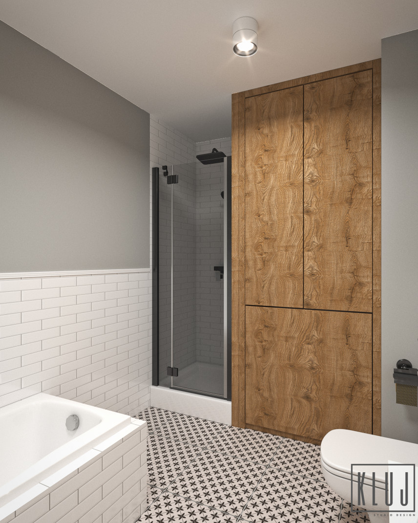 Projekt łazienki z prysznicem oraz z drewnianą szafką w zabudowie do przechowywania