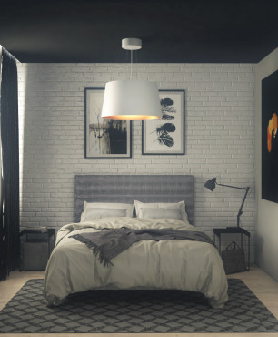 Sypialnia z czarnym sufitem i białą cegła na ścianie