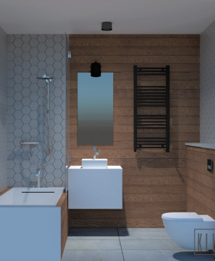 Projekt łazienki z wanną akrylową w zabudowie z imitacją drewnianych płytek